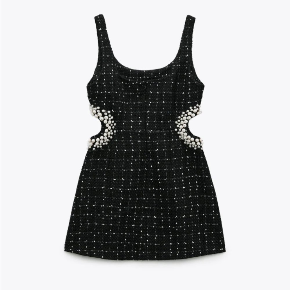 Zara Textured Weave Dress with Faux Pearls